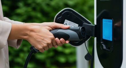 Woman charging electric vehicle