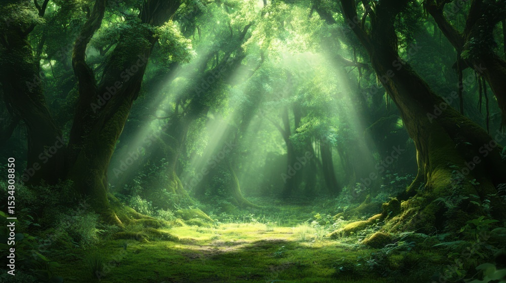 Poster an empty enchanted forest scene with soft rays of light filtering through ancient trees and thick mo