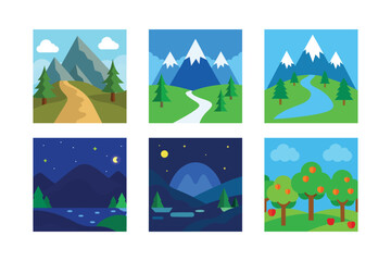 Naklejka premium A Collection of Cartoon Landscapes Featuring Mountains, Rivers, Trees, and Night Skies with Stars and an Apple Orchard