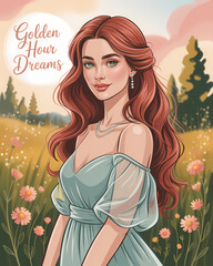 Stylized portrait of a North American woman in bohemian dress with auburn hair and green eyes, standing in a wildflower meadow under “Golden Hour Dreams” sky