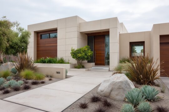 A minimalist boxy home facade with neutral sand-colored walls mid-tone walnut siding recessed entry is flanked drought-tolerant landscaping,