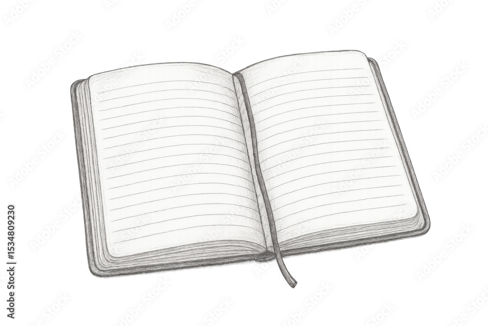 Poster hand-drawn open notebook sketch with blank lined pages and bookmark ribbon on a transparent backgrou