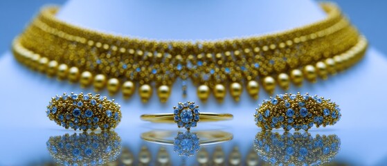 Gold jewelry set with light blue gemstones