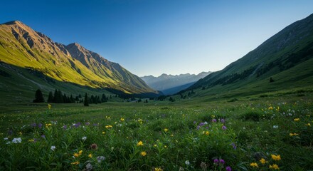 Serene mountain valley, vibrant wildflowers bloom in foreground, sunlit slopes rise on either side under a clear blue sky