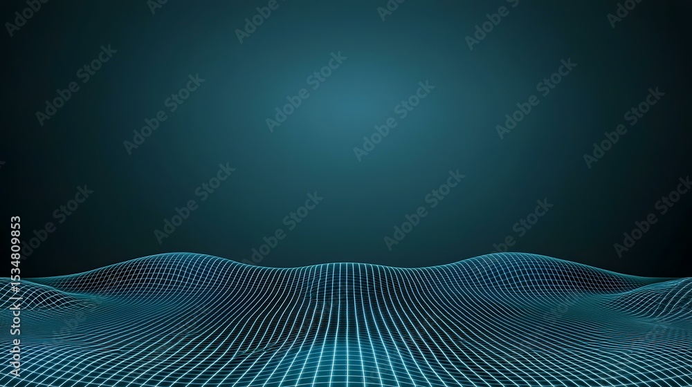 Poster the image contains an abstract rendering of a gridded landscape, with teal lines forming a wavy, und