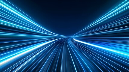 The image contains an abstract representation of light trails, suggesting speed and movement, with vibrant blue and white lines converging towards a vanishing point.  A sense of dynamism and energy i