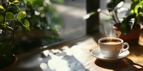 Cozy Coffee Moments in Warm Light, Warm cup of coffee with steam on wooden table with plant, tea cup in Warm Light