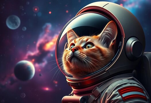 Astronaut cat in helmet, gazing at nebula and planets,  starry,  artwork