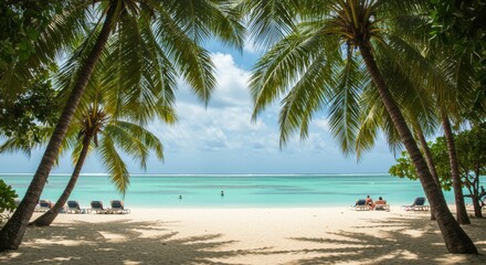 Idyllic tropical beach scene; clear turquoise water, white sand, palm trees framing a view of bathers relaxing on lounge chairs