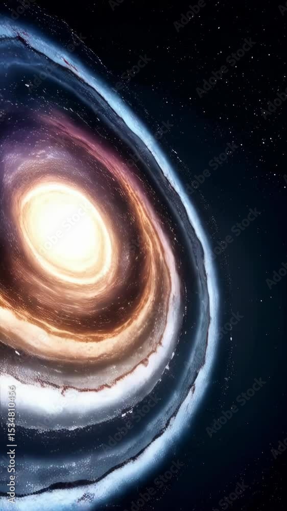 Poster spinning galaxy in deep space with bright center and stellar dust clouds against a dark backdrop of 