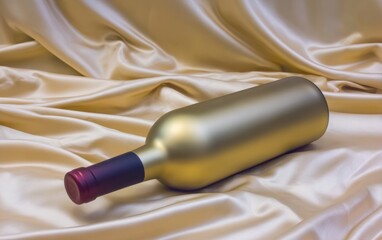 Gold wine bottle on beige satin