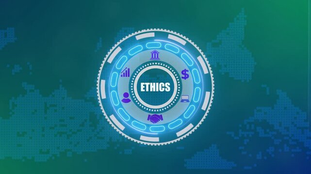 A ethics concept button on a futuristic. high performance. network icon. monitoring and evaluation. advanced HUD circle platform glowing digital luxurious wave particles flows background.