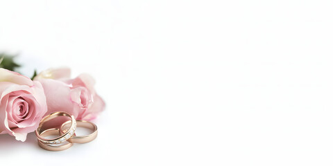 Wedding rings and pink roses close up on a white  background. Wedding rings banner, elegant for wedding photographer, venue 