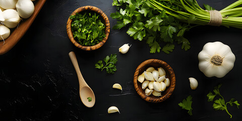 Fresh Garlic and Parsley on Dark Kitchen Counter,   Fresh vegetables and ground spices on kitchen counter with dark background 