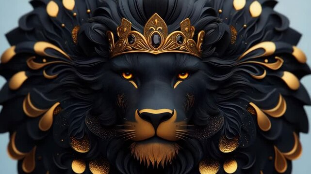 Majestic black lion with golden crown and intricate mane, fierce animal wildlife symbolizing royal power and elegance in dark gold tones and artistic style