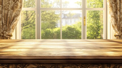 Warm sunlight streams through a large window onto a rich wooden table, framed by elegant curtains and a vibrant green garden view