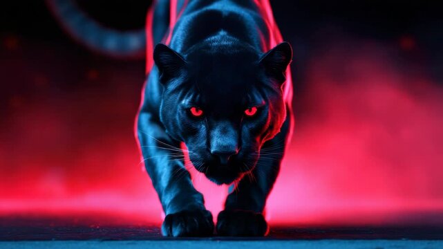 Black panther with glowing red eyes prowling forward in dark misty environment, intense mysterious big cat predator wild animal with red glowing eyes and prowling stance