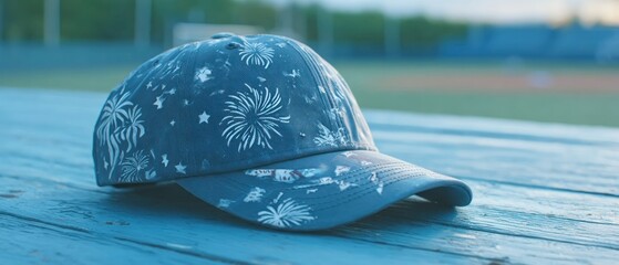 Gray baseball cap with fireworks design resting on a wooden table outdoors