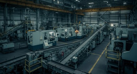 Fototapeta premium A vast factory floor houses numerous automated machines and conveyor systems, showcasing a high-volume manufacturing process