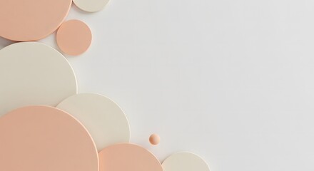 3D abstract composition of pastel peach and cream textured circles layered on a white minimalist background, with empty space on the right