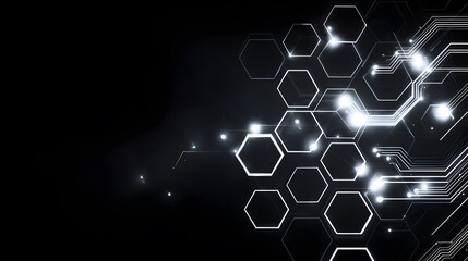 Abstract Digital Hexagon Network with Bright Light Effects on Black Background for Technology and Innovation