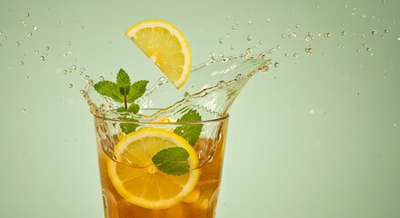 Lemon iced tea splash with lemon wedges and mint leaves in motion, light tea-colored background
