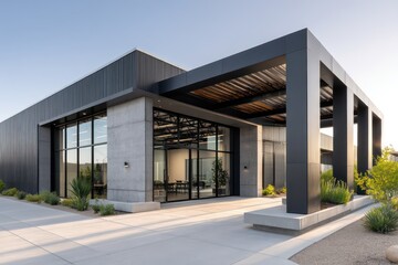 A modern industrial building with sleek matte black paneling, large glass windows, steel-framed canopy over entrance scene is