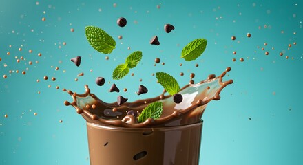 Mint chocolate drink splash with flying mint leaves and chocolate chips mid-air, cool green-blue background