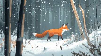 Red fox walking in snowy winter forest.