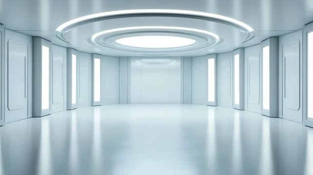 Futuristic white empty room with smooth reflective floor and bright circular ceiling light, illuminated vertical panels, creating clean and modern atmosphere