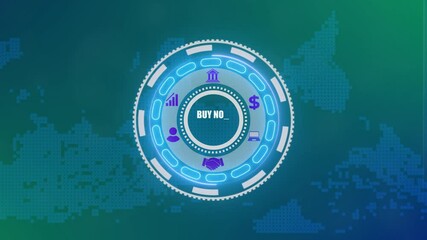 A buy now pay later concept button on a futuristic. high performance. network icon. monitoring and evaluation. advanced HUD circle platform glowing digital luxurious wave particles flows background.