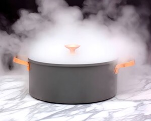 Gray pot steaming on marble surface