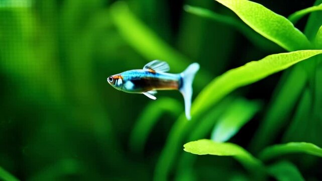 Close up of a celestial pearl danio fish swimming in a green planted aquarium environment video
