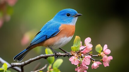 Obraz premium Vibrant bluebird perched delicately among blossoms in springtime nature scene