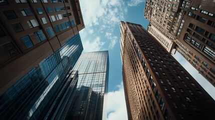 Skyscrapers reaching towards a vibrant sky in a bustling city, capturing urban grandeur and architectural marvels, emphasizing a sense of awe
