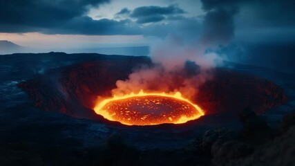 Molten lava glows brightly inside active volcanic crater emitting smoke under dark cloudy sky at night, creating fiery and intense natural eruption scene with molten lava and smoke. - Powered by Adobe