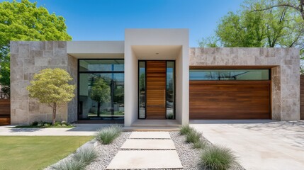 A sleek contemporary home featuring smooth stone facade wooden front door with vertical slat design Large glass windows