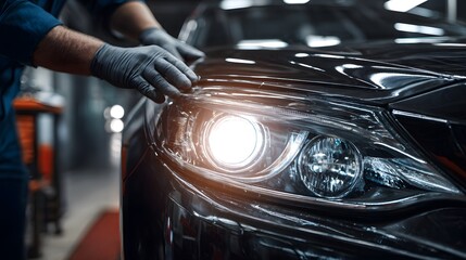 An auto technician carefully repairing and adjusting a car headlight in a professional garage environment
