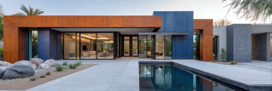 A sleek, modern home with geometric exterior featuring orange, blue, white panels Large glass windows framed in bold
