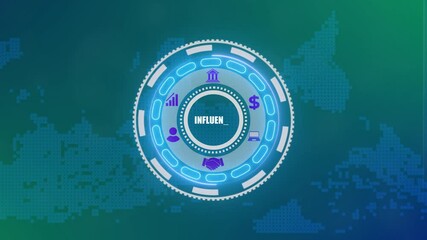 A influence concept button on a futuristic ,high performance, network icon ,monitoring and evaluation. advanced HUD circle platform glowing dots digital luxurious wave particles flows background. - Powered by Adobe