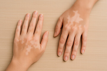 Vitiligo-affected hands resting on table surface, highlighting skin tone contrast and medical awareness.
