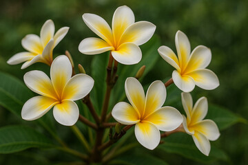 Frangipani flowers captured in full bloom with detailed white petals and yellow centers against a soft green background in nature.
