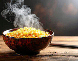 Steaming bowl of instant noodles on a wooden table with chopsticks
