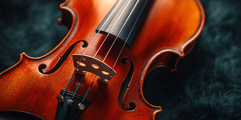 Fototapeta premium A captivating close up of a richly toned violin, showcasing its exquisite craftsmanship and smooth, polished wood.