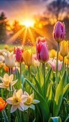 Blooms of tulips and daffodils in a garden at sunrise