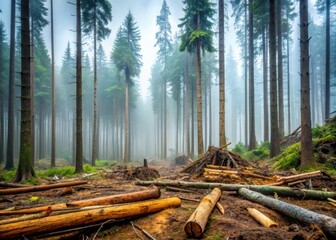Dense cluster of Douglas fir trees towering above a misty forest floor