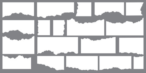 White realistic torn or ripped paper strip collection with grunge edges. Rips paper texture vector art background	