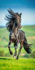 A playful black stallion prances through a green meadow