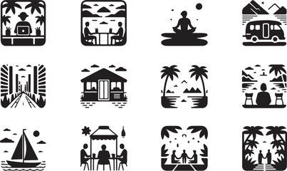 A set of twelve stylized black and white icons depicting various leisure and work scenarios vector art on white