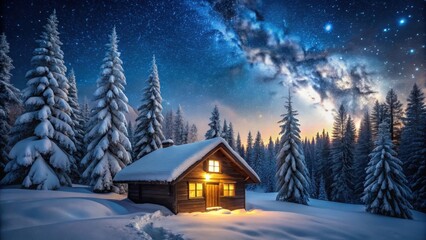 Fototapeta premium A secluded cabin stands surrounded by snow-covered trees under a starry night sky with soft light emanating from its windows